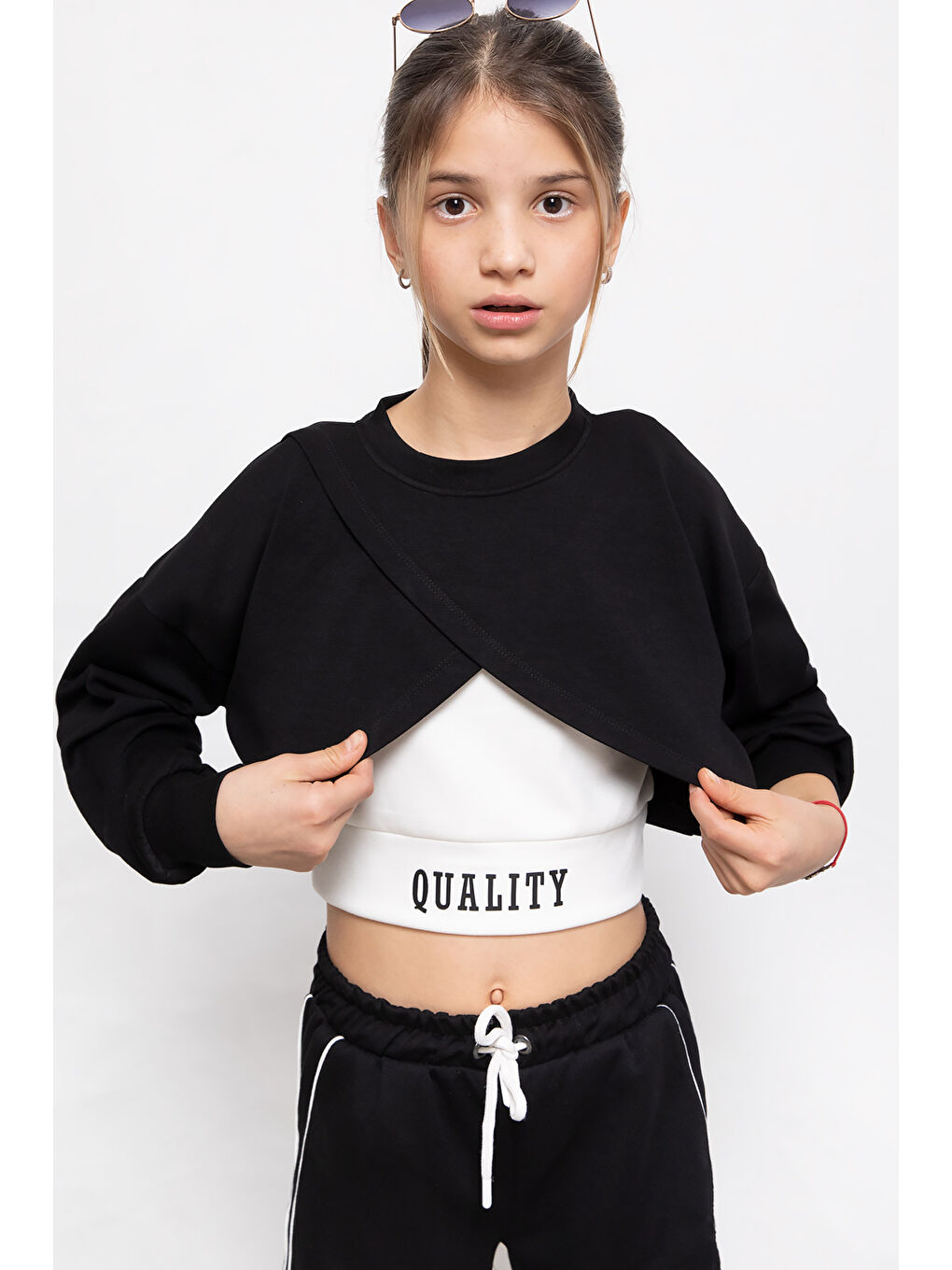 Siyah Şerit Detaylı Geniş Paça Croplu Kız Çocuk 3'lü Takım 19840-1