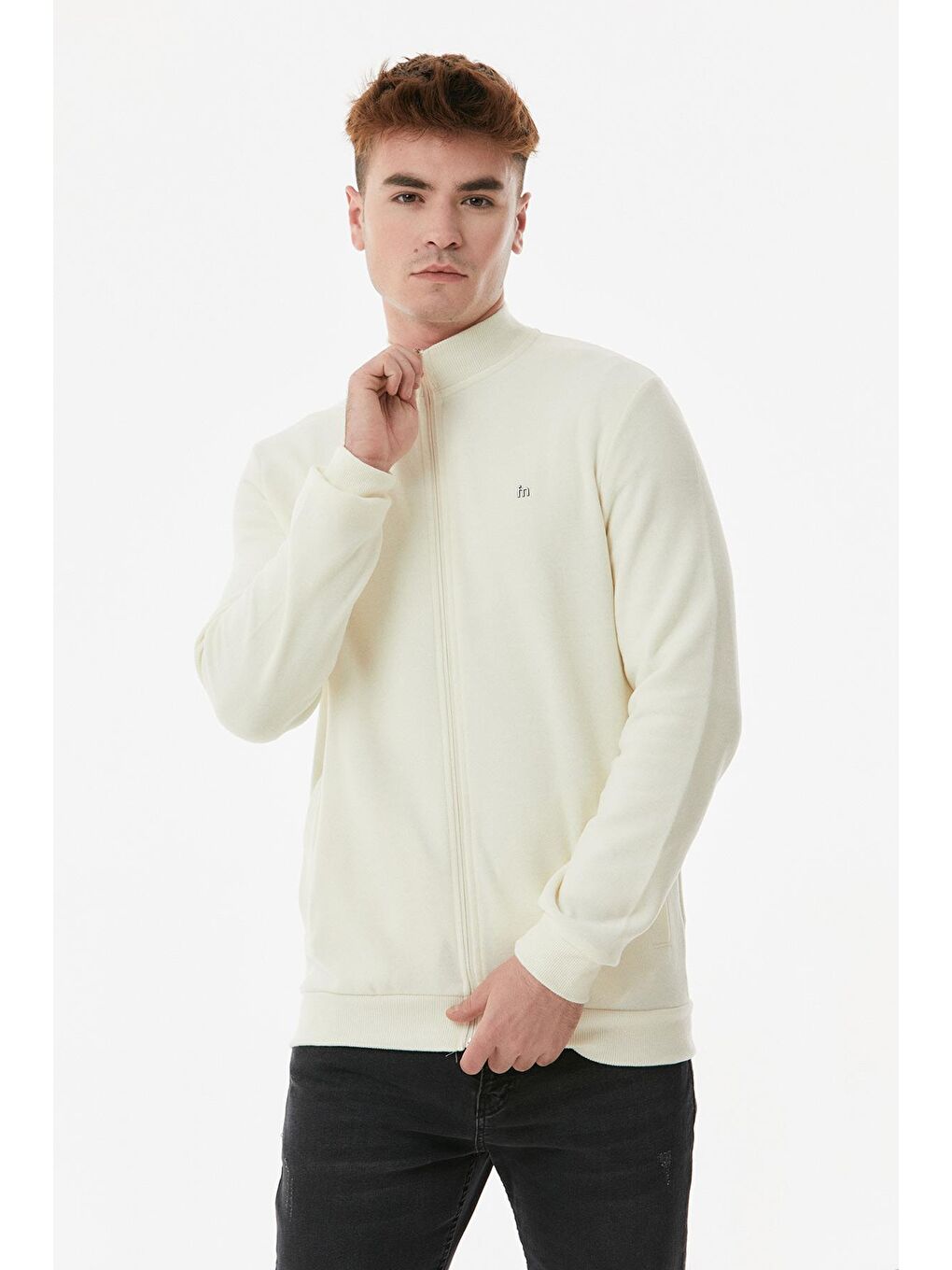 Ekru Dik Yaka Polar Erkek Fermuarlı Sweatshirt Hırka-4