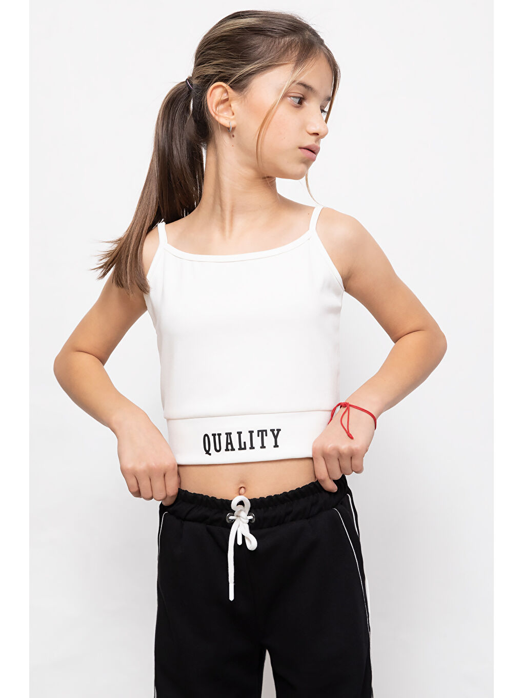 Siyah Şerit Detaylı Geniş Paça Croplu Kız Çocuk 3'lü Takım 19840-4