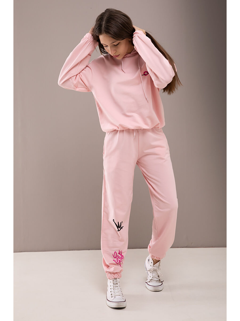 Cansın Mini Pembe Yazı Baskılı Kapüşonlu Kız Çocuk  Eşofman Takımı 19779