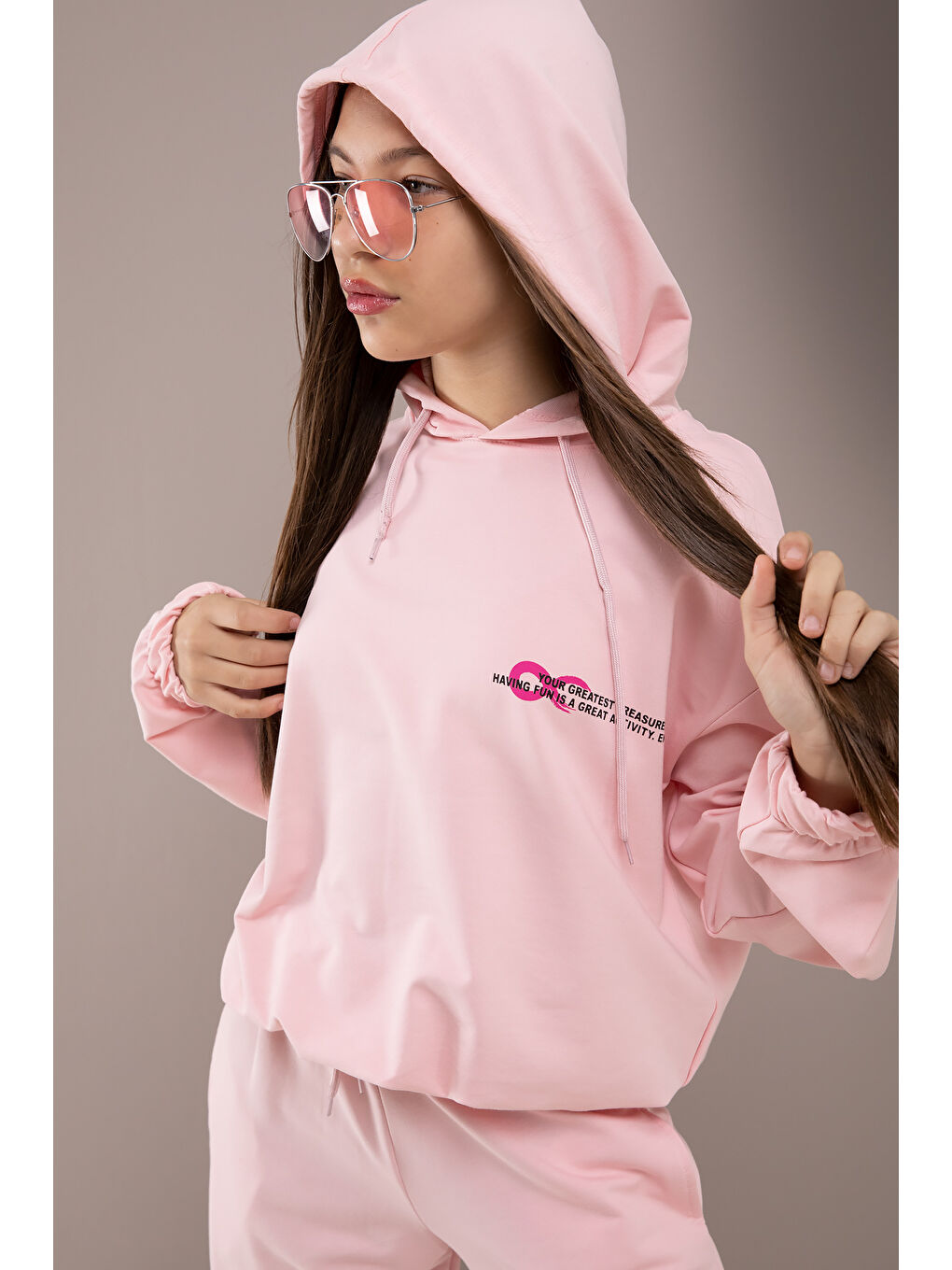 Cansın Mini Pembe Yazı Baskılı Kapüşonlu Kız Çocuk  Eşofman Takımı 19779 - 2