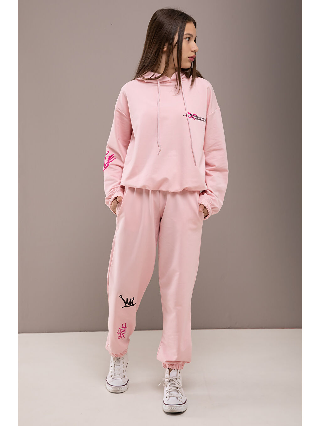 Cansın Mini Pembe Yazı Baskılı Kapüşonlu Kız Çocuk  Eşofman Takımı 19779 - 3
