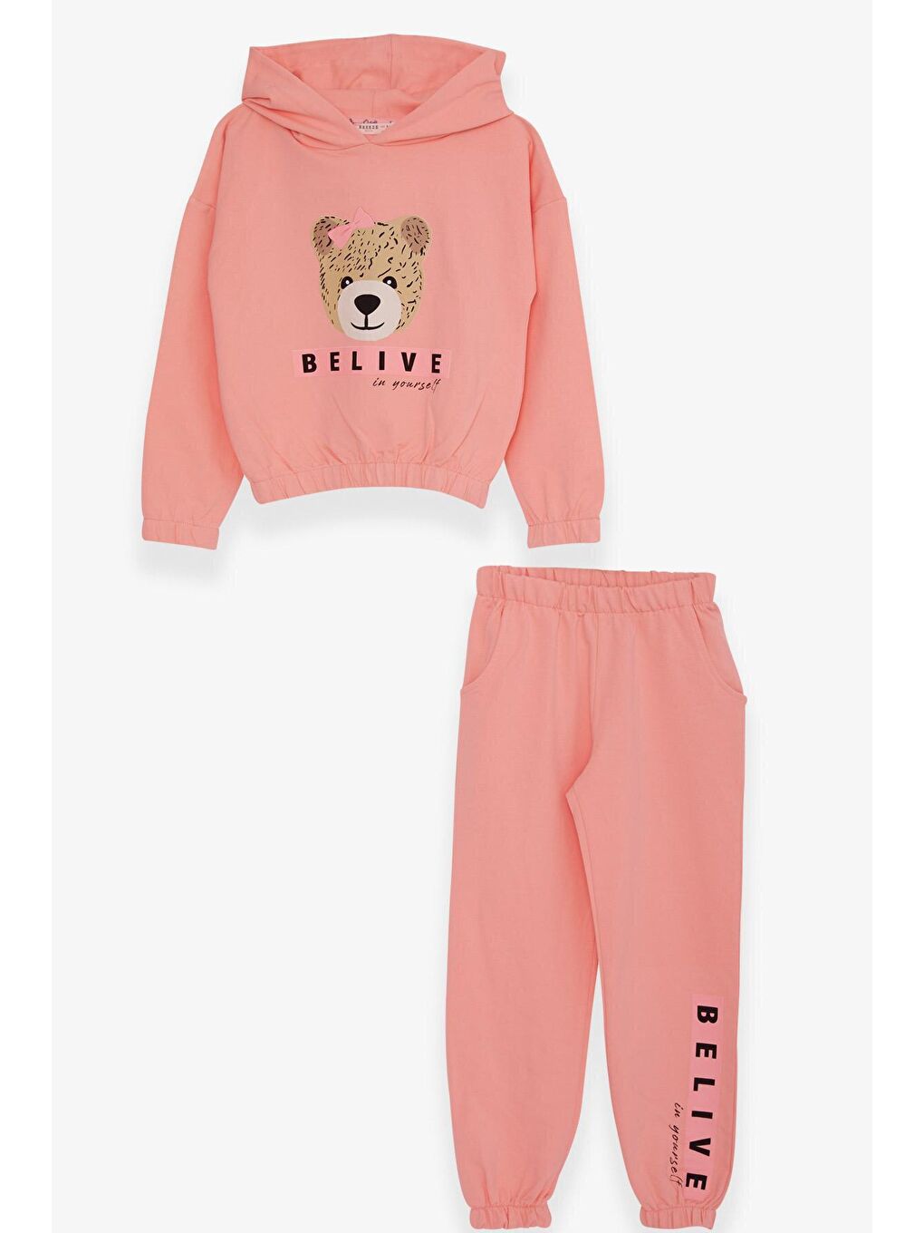 Pembe Kız Çocuk Eşofman Takımı Sevimli Ayıcık Baskılı Somon (5-10 Yaş)