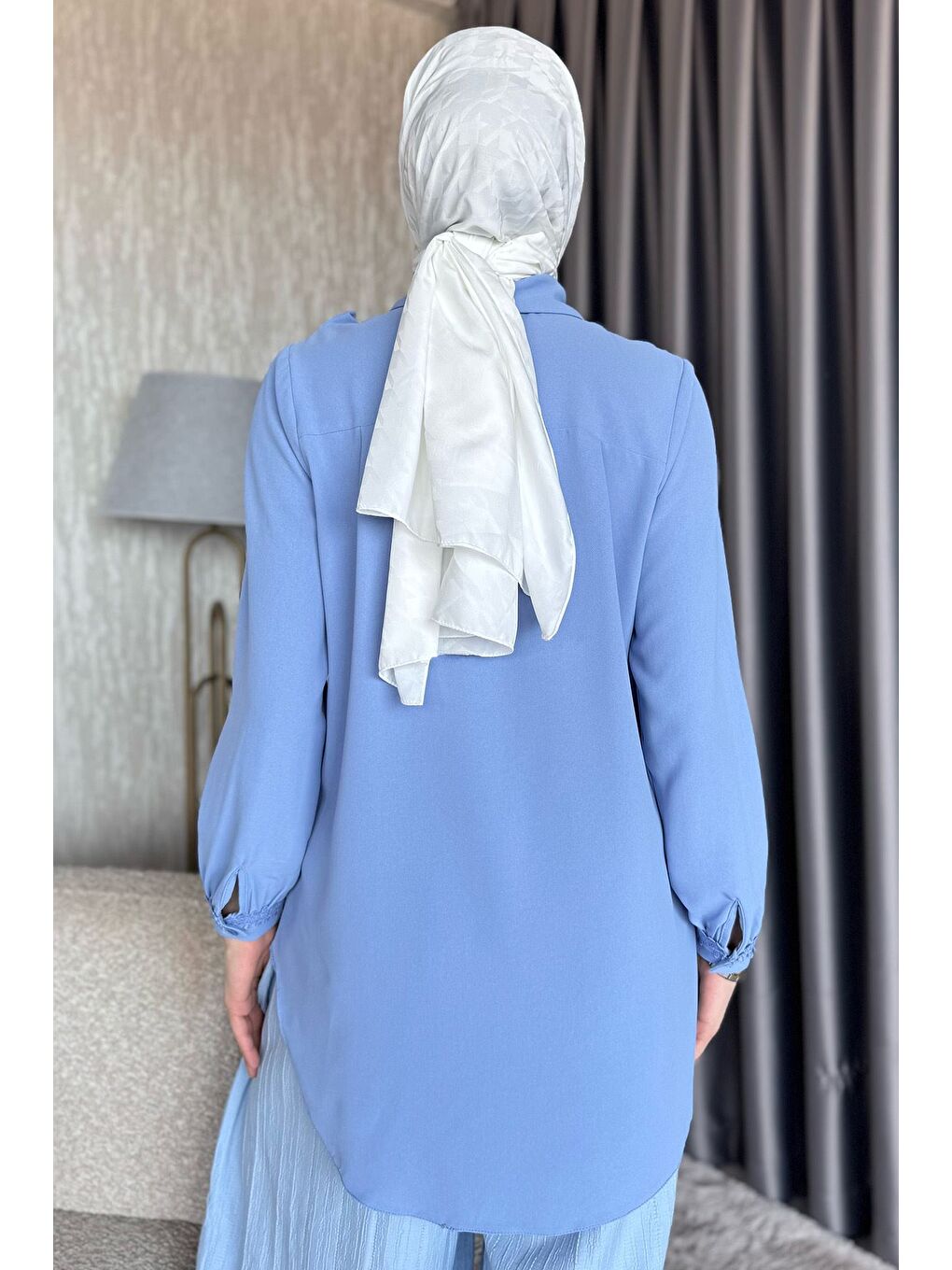 İndigo Güpür Detaylı Fırfırlı Tesettür Gömlek-7