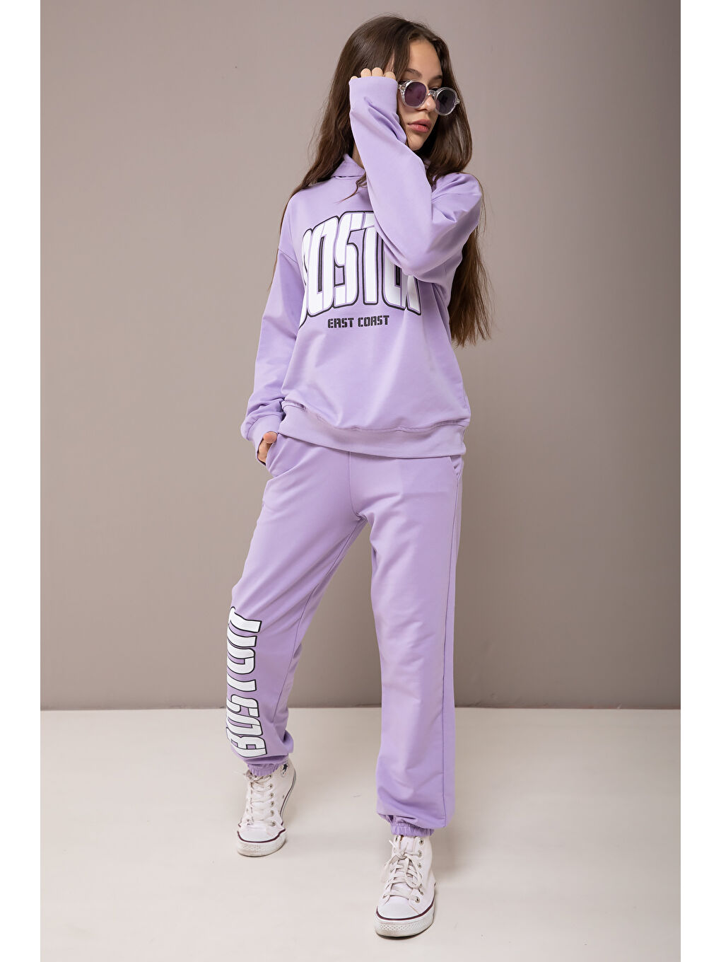 Lila Boston Yazılı Kapüşonlu Kız Çocuk Eşofman Takımı 19826