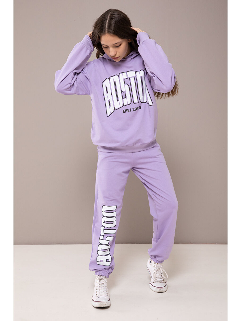 Lila Boston Yazılı Kapüşonlu Kız Çocuk Eşofman Takımı 19826-1