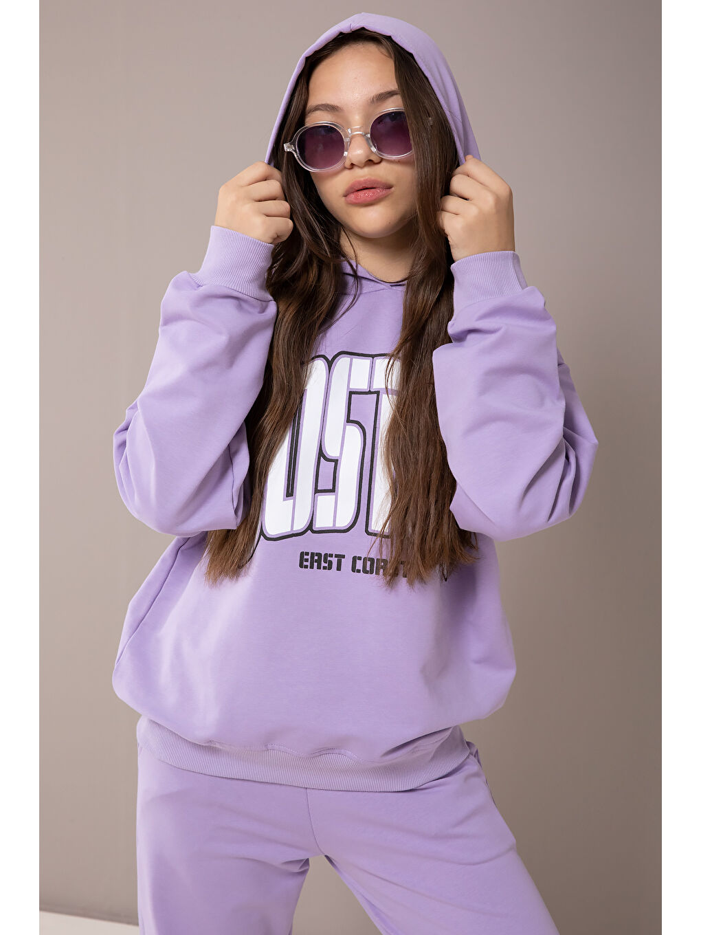 Lila Boston Yazılı Kapüşonlu Kız Çocuk Eşofman Takımı 19826-2