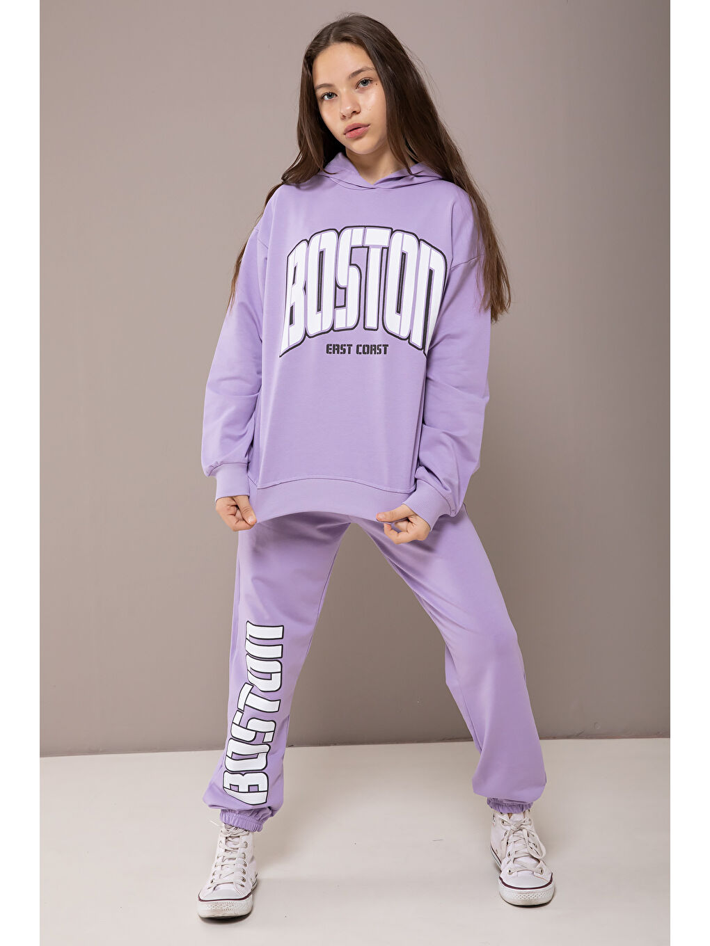 Lila Boston Yazılı Kapüşonlu Kız Çocuk Eşofman Takımı 19826-3