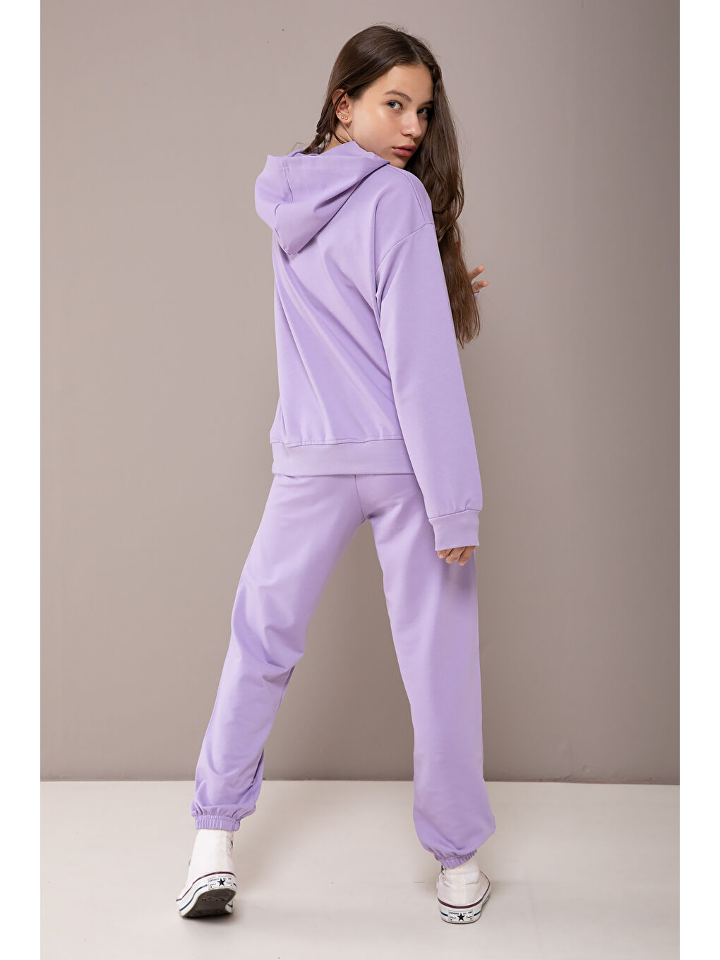 Lila Boston Yazılı Kapüşonlu Kız Çocuk Eşofman Takımı 19826-4