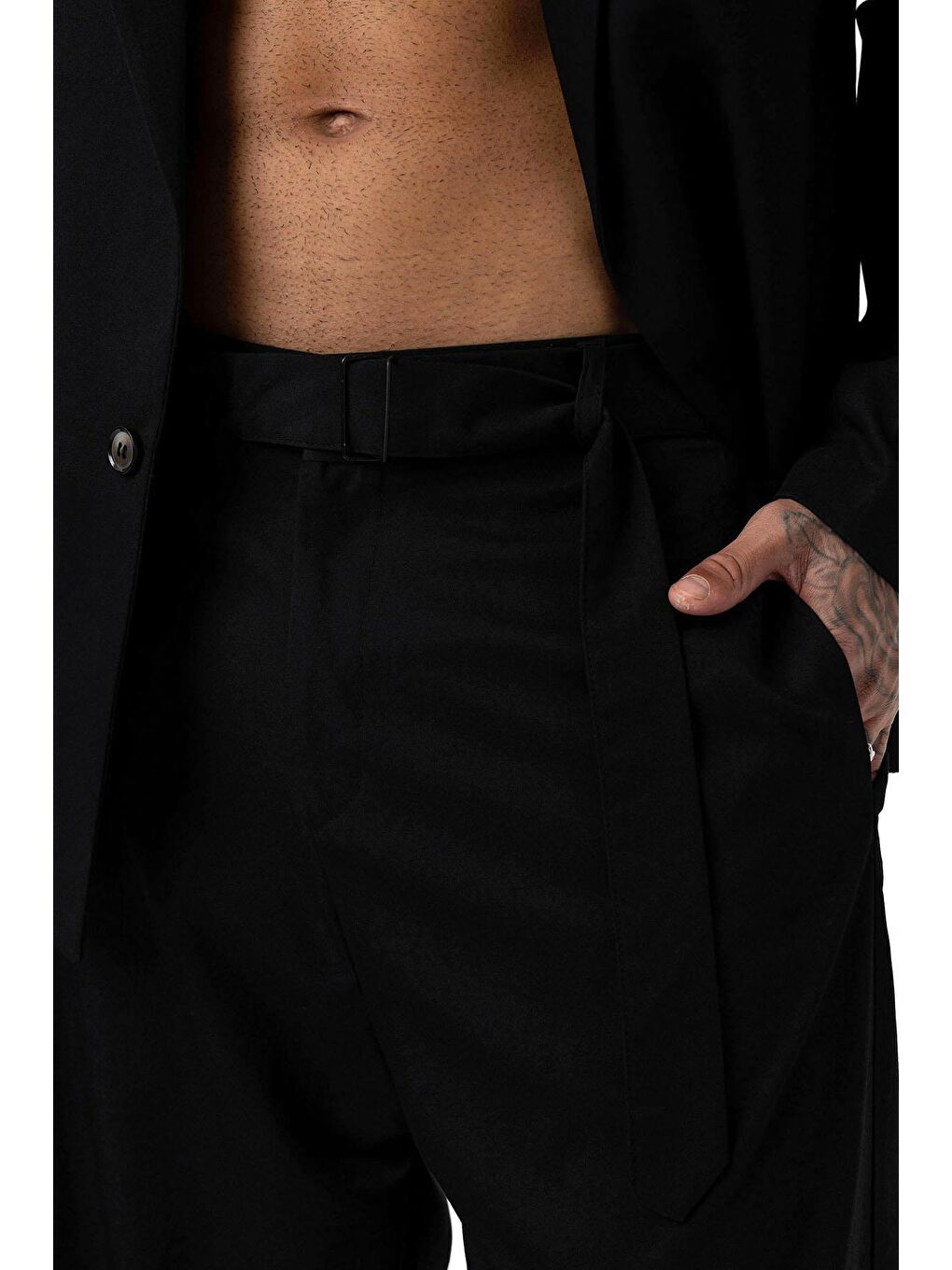 Kemerli Baggy Kumaş Erkek Pantolon Siyah-6