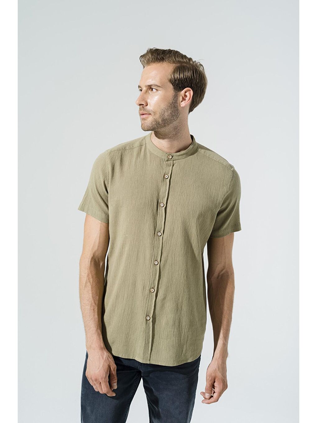 Organik Hakim Yaka Tam Pat Kısakol Haki Gömlek-1