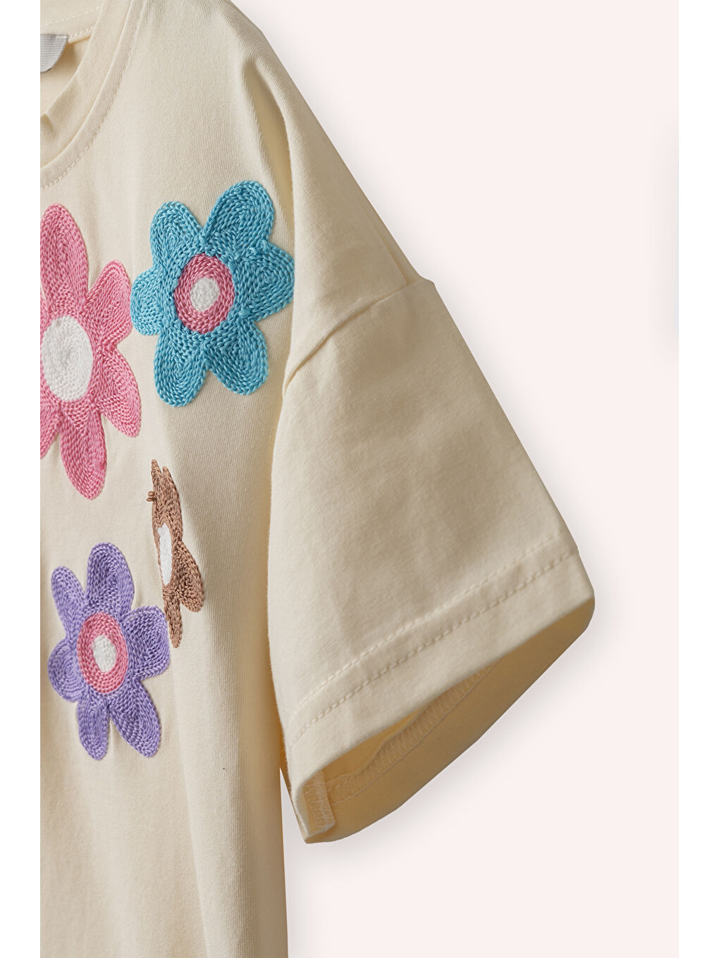 Kız Çocuk Çiçek Detaylı Ekru 2'li Takım-1