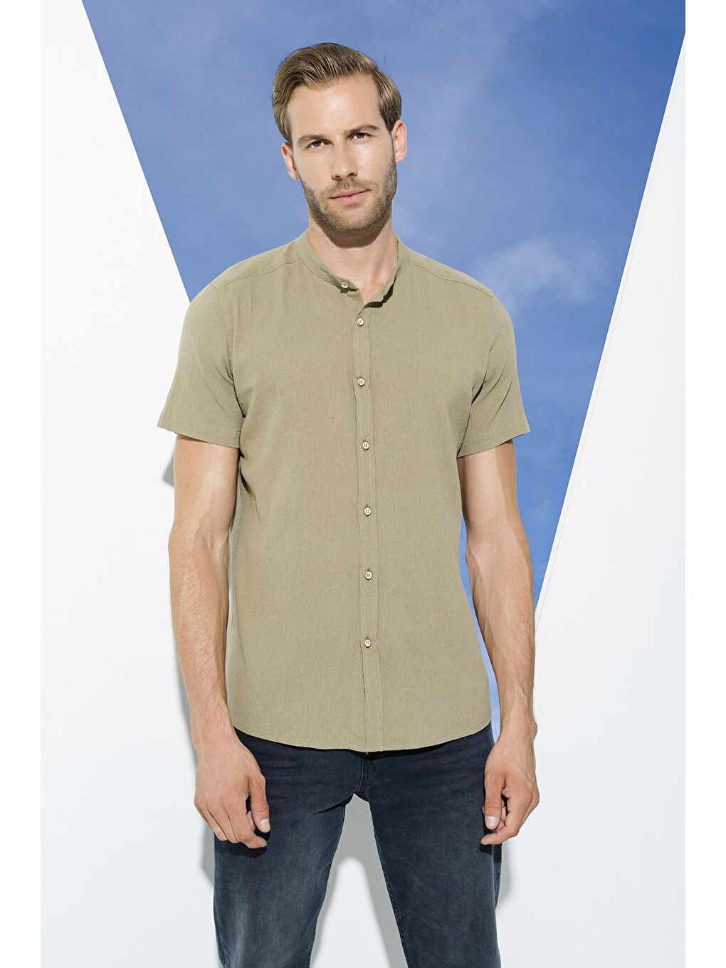 Organik Hakim Yaka Tam Pat Kısakol Haki Gömlek-2