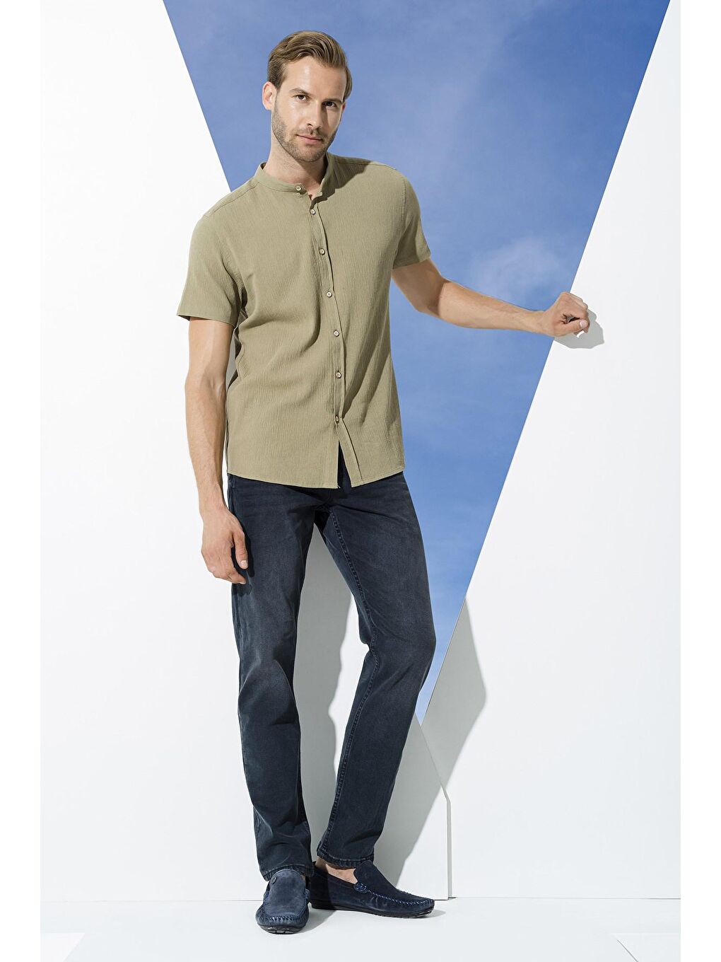 Organik Hakim Yaka Tam Pat Kısakol Haki Gömlek-4