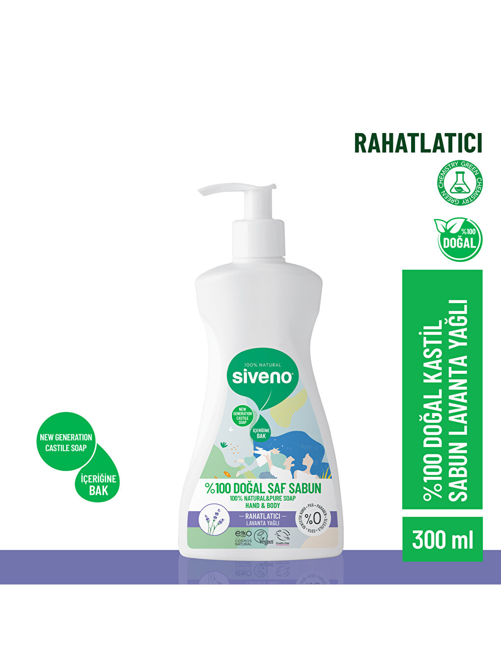 %100 Doğal Sıvı Kastil Sabun Lavanta Yağlı Cildi Rahatlatıcı Nemlendirici Arındırıcı Vegan 300 ml