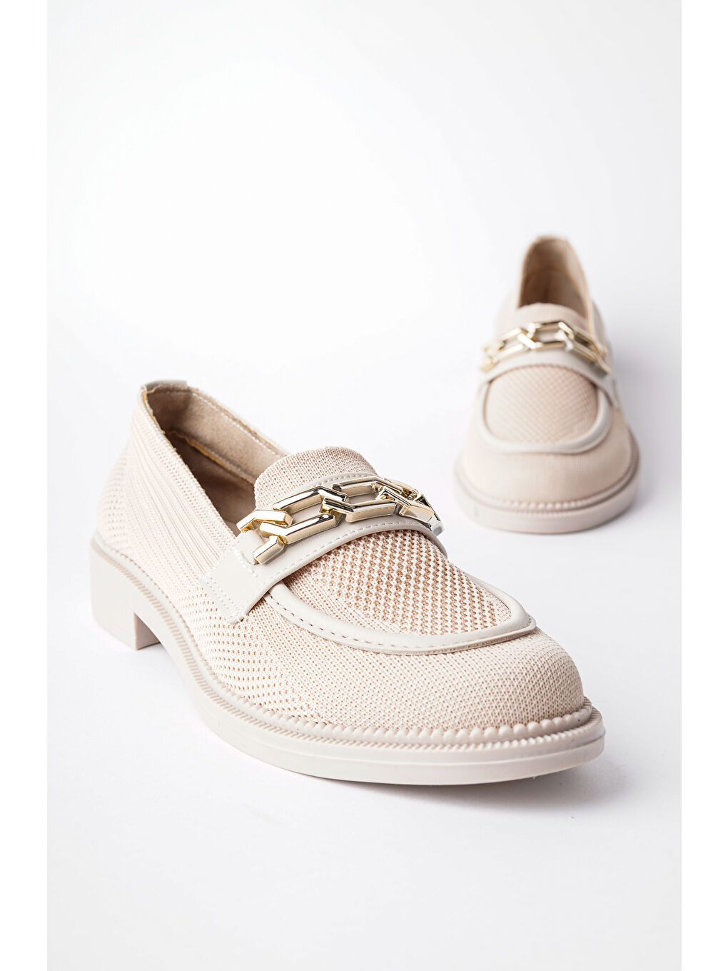 Bej VİOLA Triko Metal Tokalı Kadın Loafer Günlük Ayakkabı-1