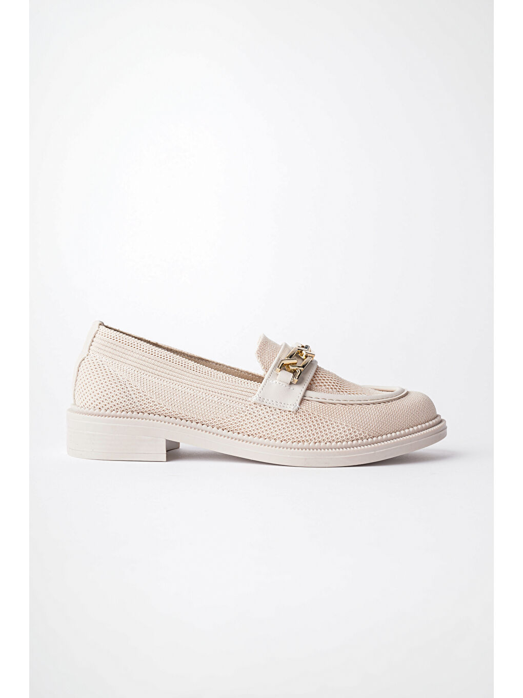 Bej VİOLA Triko Metal Tokalı Kadın Loafer Günlük Ayakkabı-3