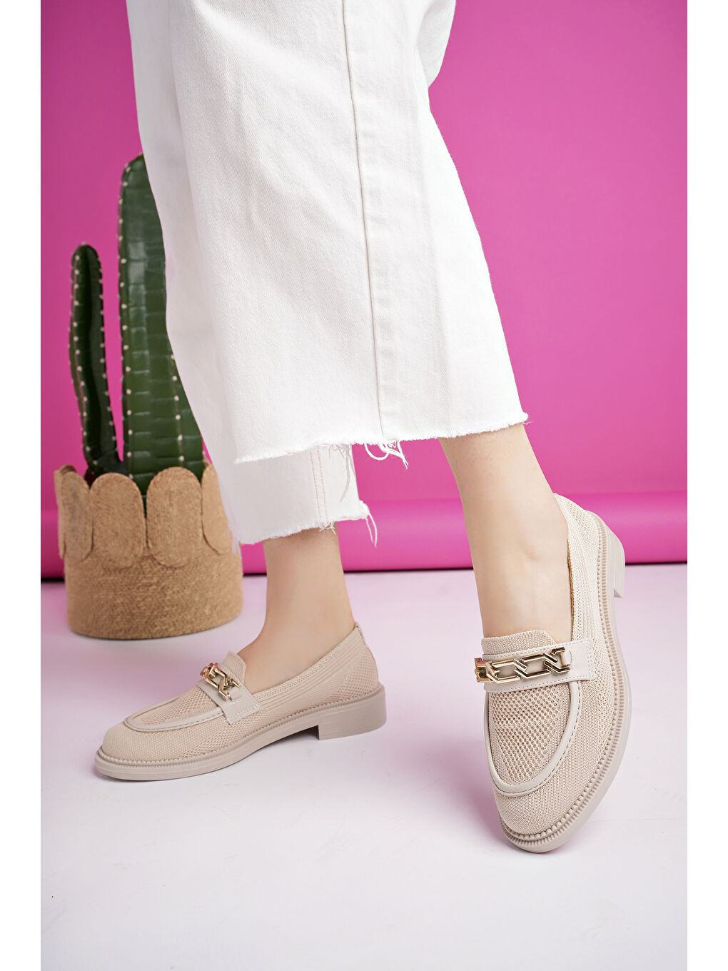 Bej VİOLA Triko Metal Tokalı Kadın Loafer Günlük Ayakkabı-4