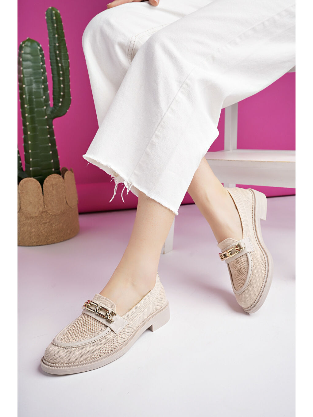 Bej VİOLA Triko Metal Tokalı Kadın Loafer Günlük Ayakkabı-5