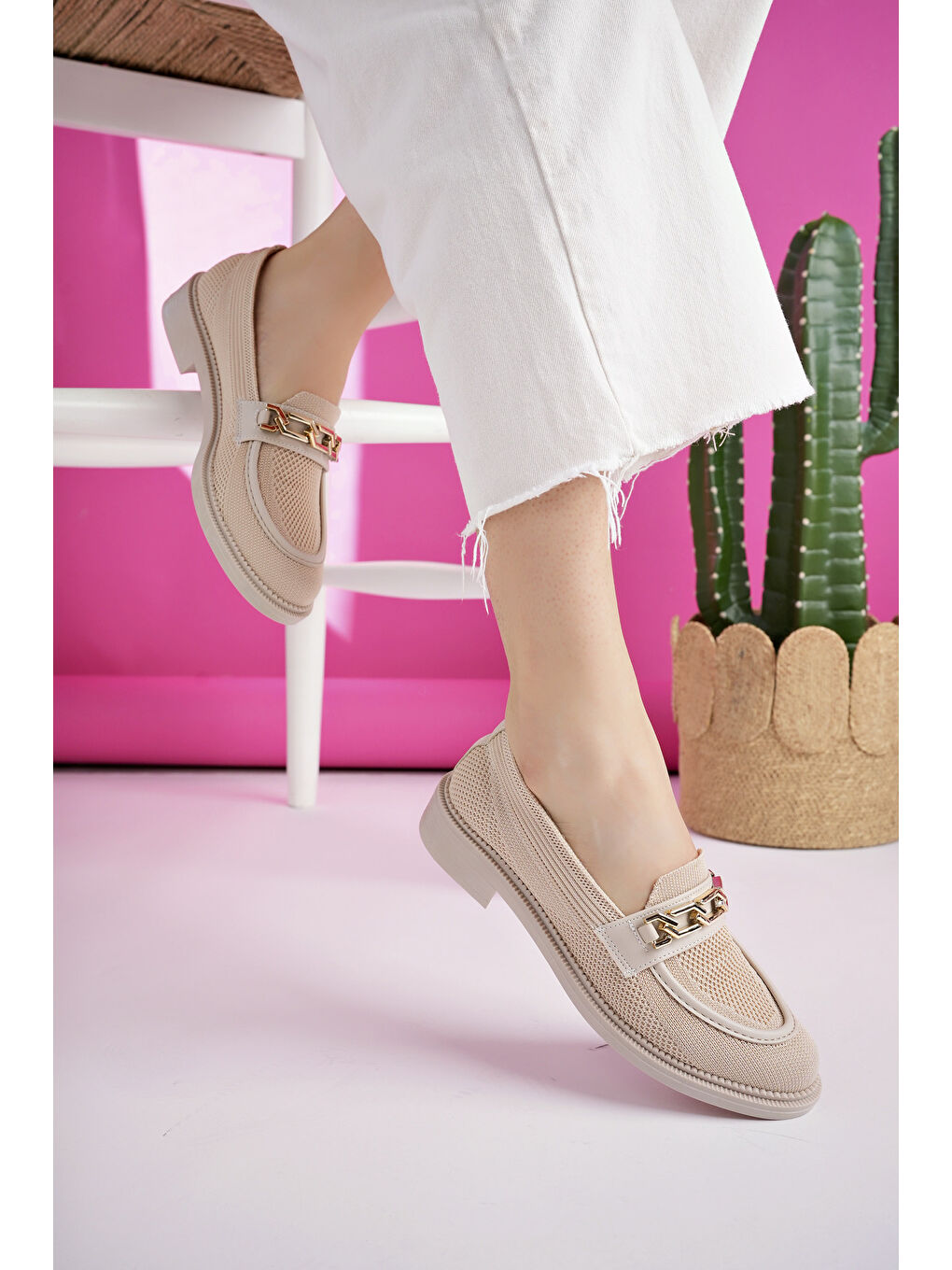 Bej VİOLA Triko Metal Tokalı Kadın Loafer Günlük Ayakkabı-6