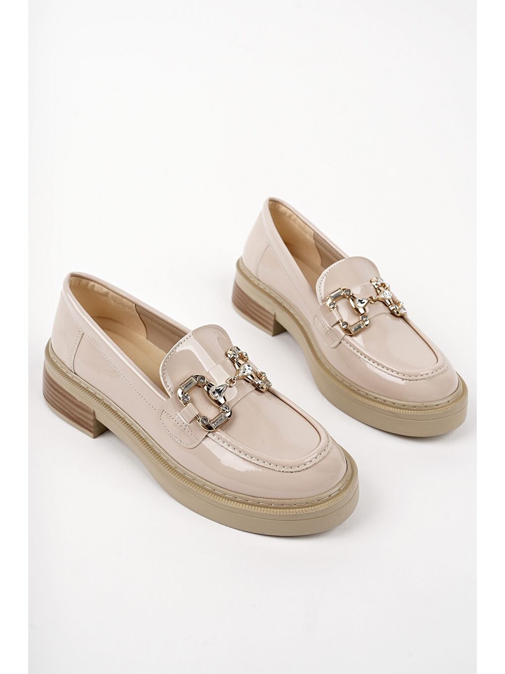 Bej CARMENTA Kadın Loafer Kalın Taban Tokalı Günlük Casual Makosen Ayakkabı-1