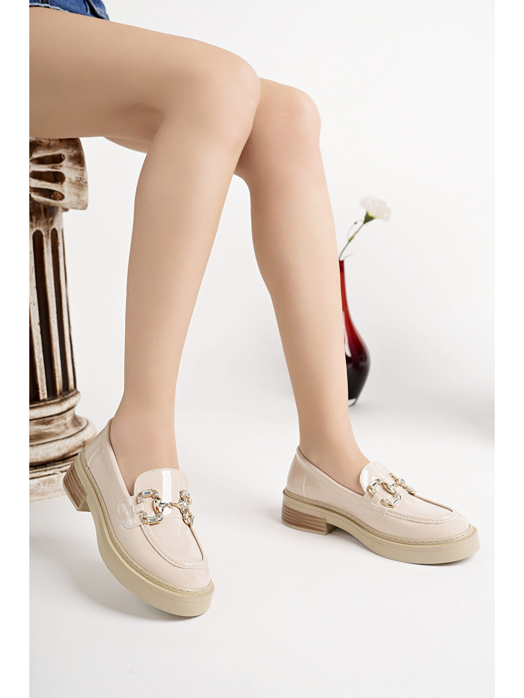 Bej CARMENTA Kadın Loafer Kalın Taban Tokalı Günlük Casual Makosen Ayakkabı-4