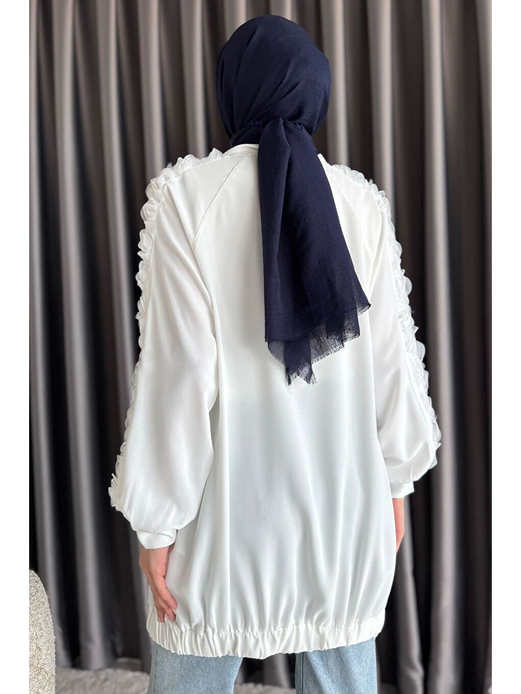 Ekru Kolları Tül Detaylı Tesettür Kap-7