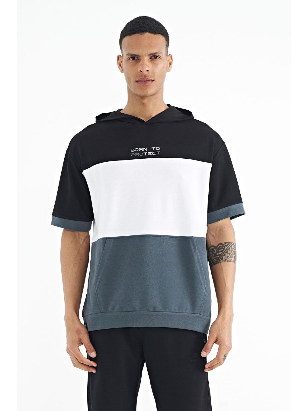 Orman Yeşili Kapüşonlu Baskı Detaylı Oversize Erkek Tişört - 88191