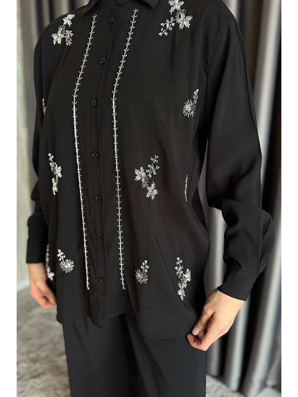 Siyah Kadın Boncuk İşlemeli Tesettür Gömlek Pantolon İkili Takım-5