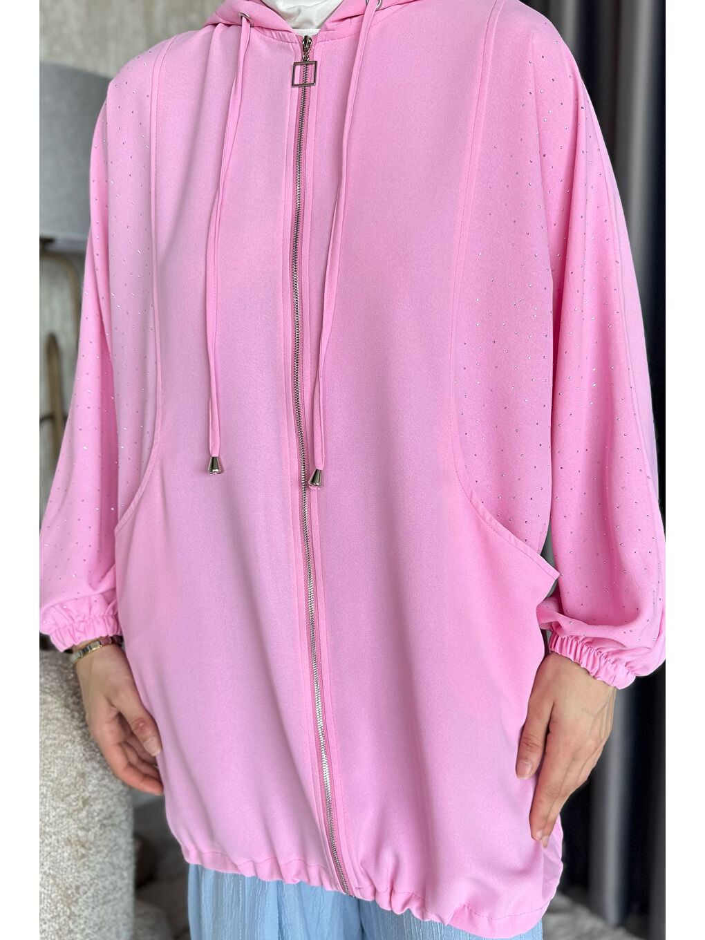 Pembe Kapüşonlu Taşlı Tesettür Kap-5