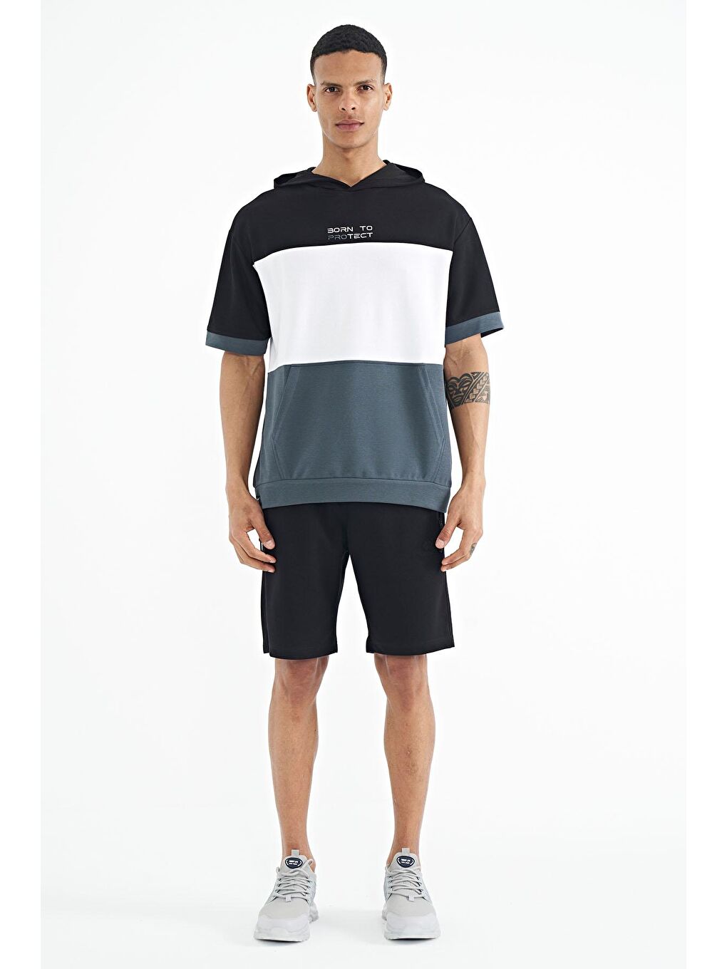 Orman Yeşili Kapüşonlu Baskı Detaylı Oversize Erkek Tişört - 88191-1