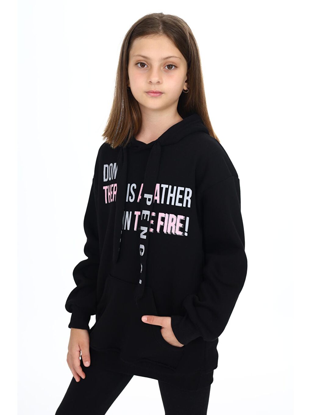 Siyah Yazı Baskılı Polarlı Kız Çocuk Kapüşonlu Sweatshirt 16771
