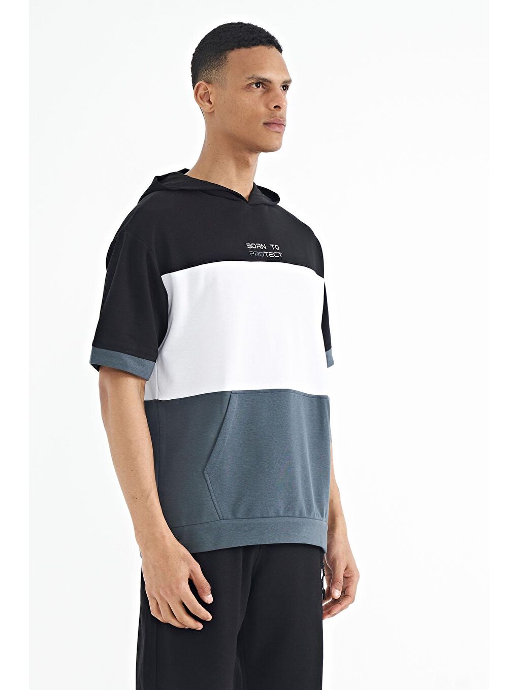 Orman Yeşili Kapüşonlu Baskı Detaylı Oversize Erkek Tişört - 88191-2