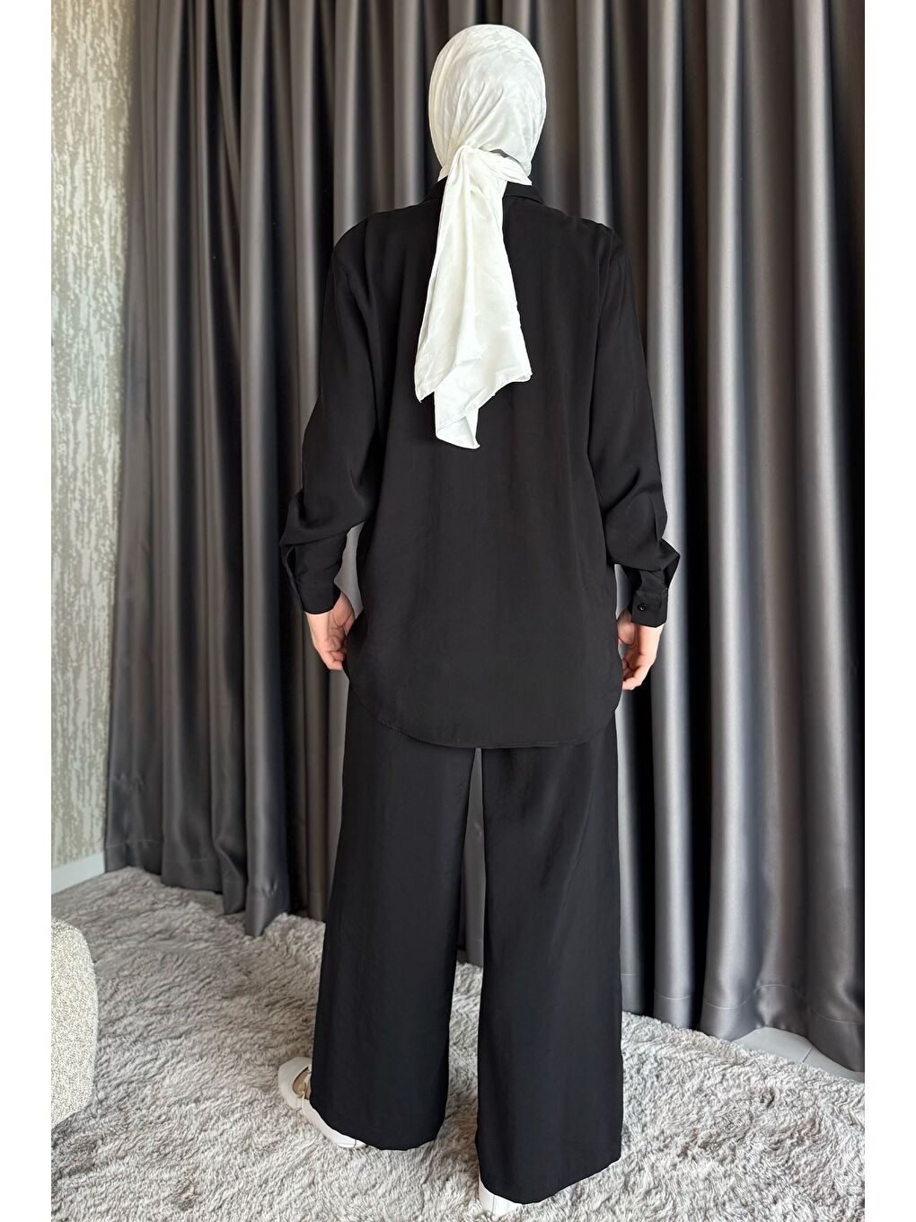 Siyah Kadın Boncuk İşlemeli Tesettür Gömlek Pantolon İkili Takım-7