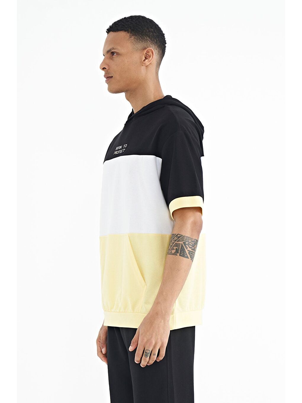 TOMMYLIFE Sarı Kapüşonlu Baskı Detaylı Oversize Erkek T-shirt - 88191 - 2