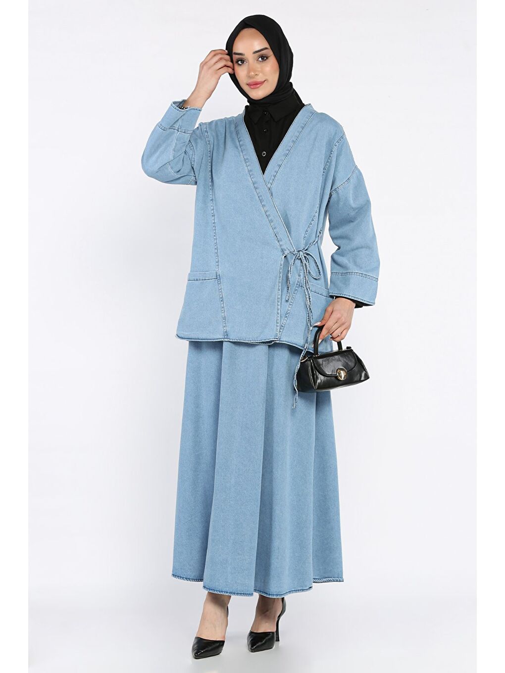 Mavi Yan Bağlamalı Jean Jean Ceket Etek Tesettür İkili Takım-3
