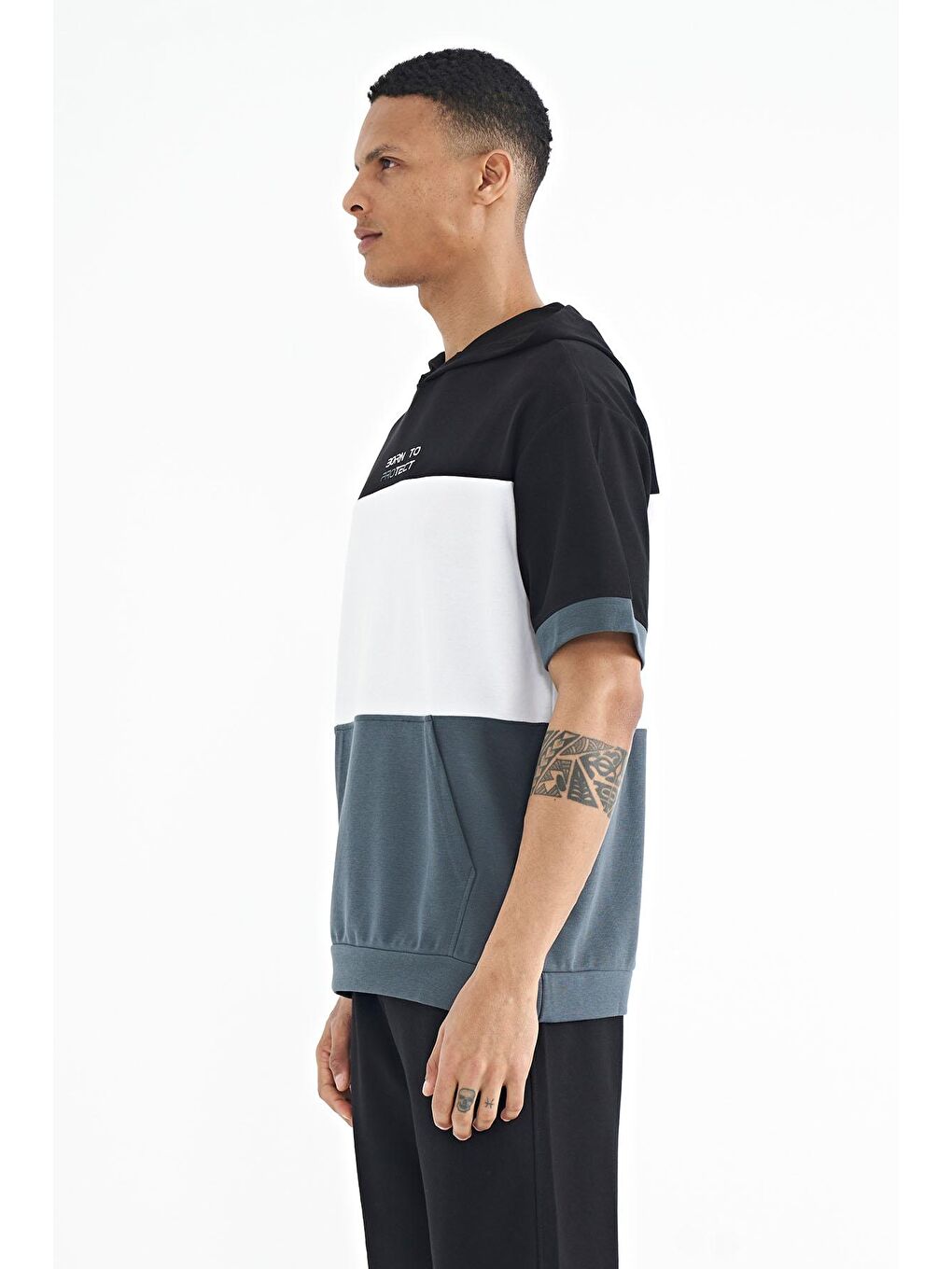 Orman Yeşili Kapüşonlu Baskı Detaylı Oversize Erkek Tişört - 88191-3