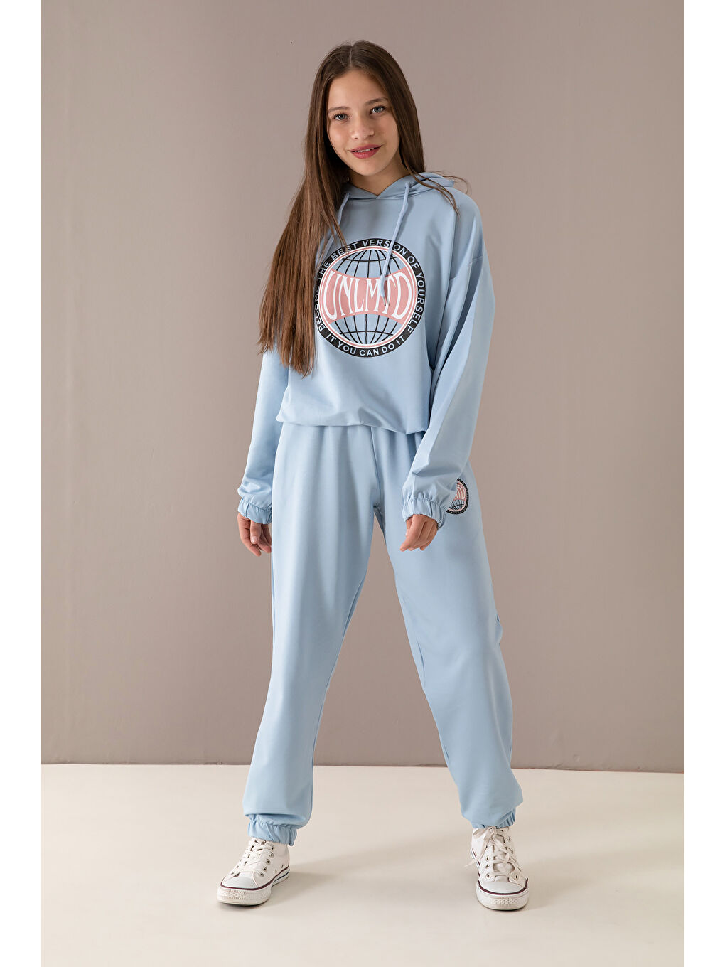 Mavi Göğsü Logo Baskılı Kapüşonlu Kız Eşofman Takımı 19760