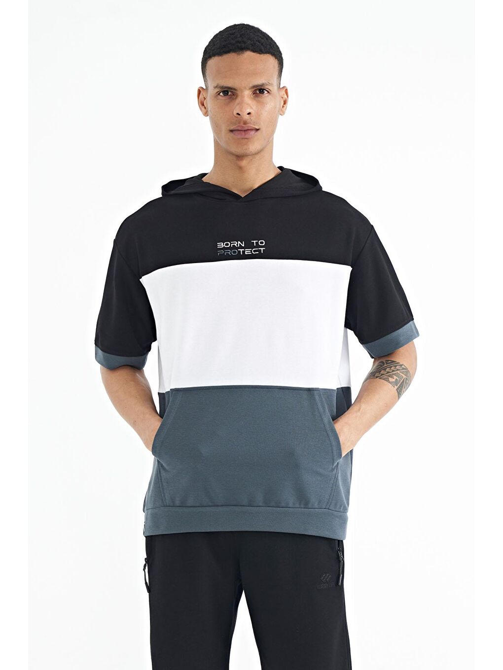 Orman Yeşili Kapüşonlu Baskı Detaylı Oversize Erkek Tişört - 88191-4