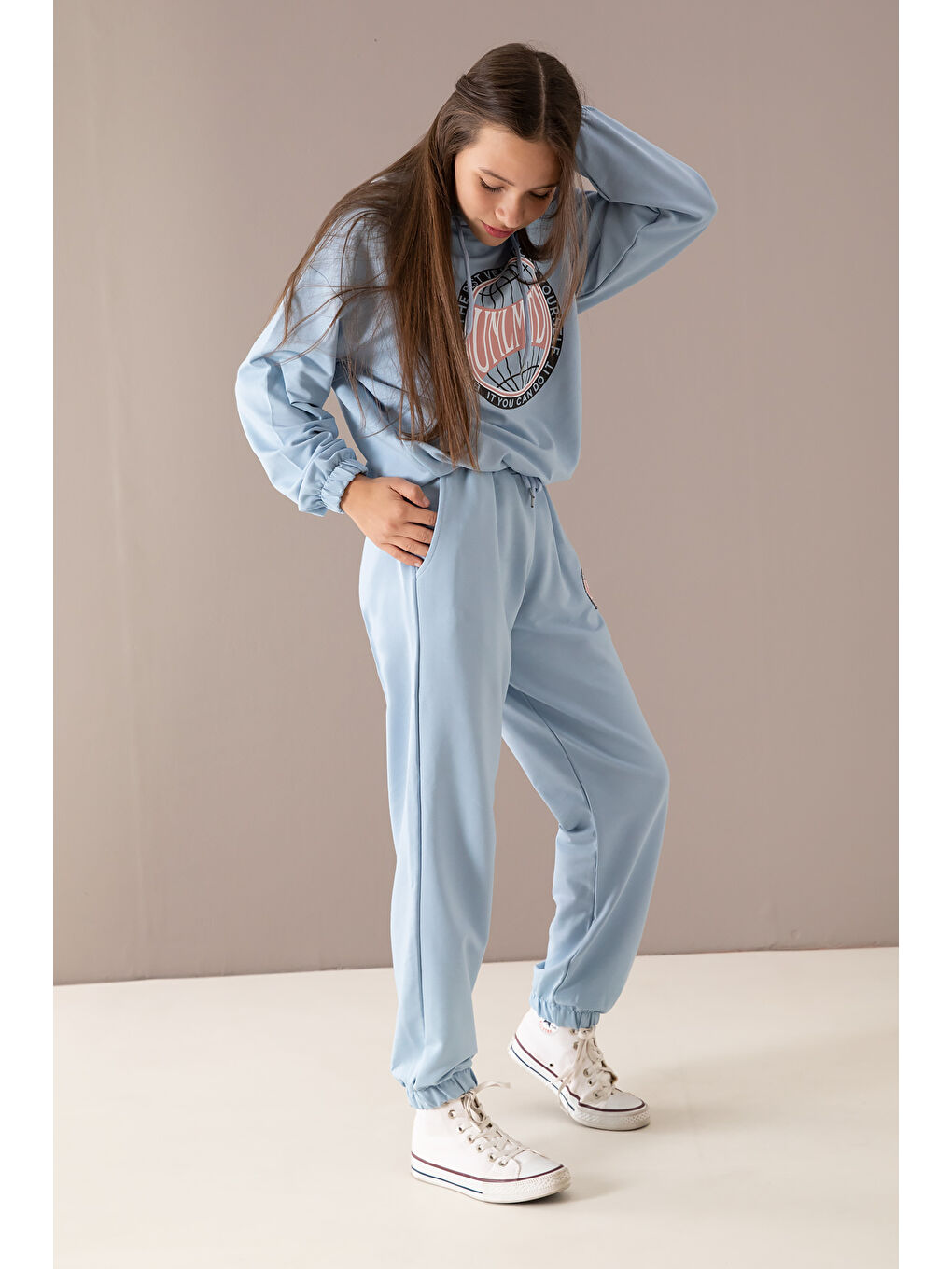 Mavi Göğsü Logo Baskılı Kapüşonlu Kız Eşofman Takımı 19760-2