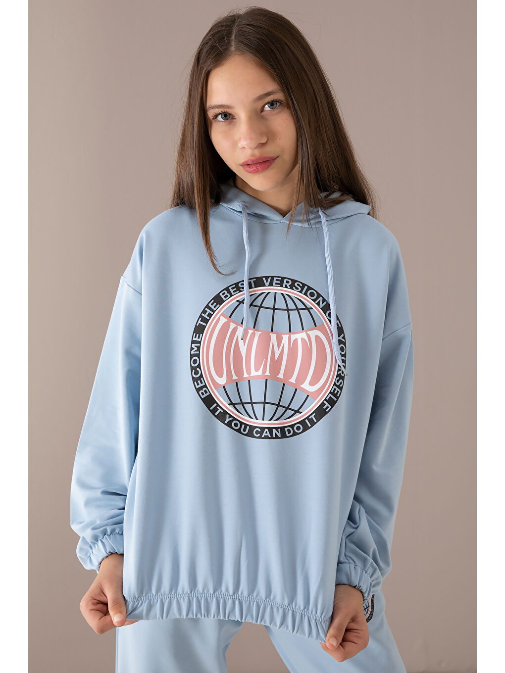 Mavi Göğsü Logo Baskılı Kapüşonlu Kız Eşofman Takımı 19760-3