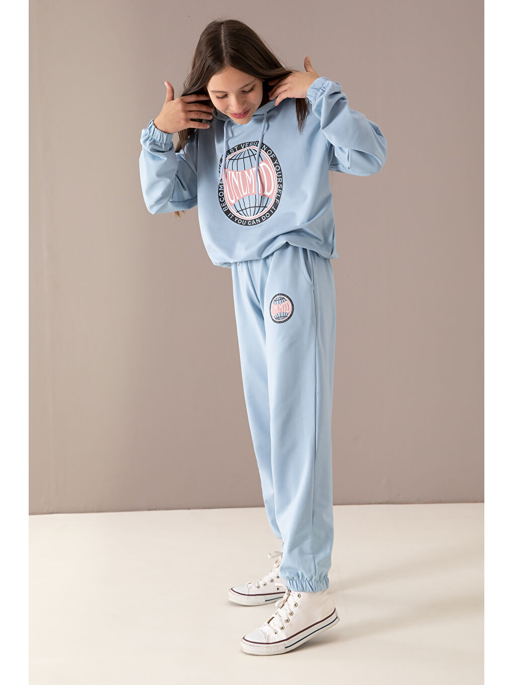 Mavi Göğsü Logo Baskılı Kapüşonlu Kız Eşofman Takımı 19760-4
