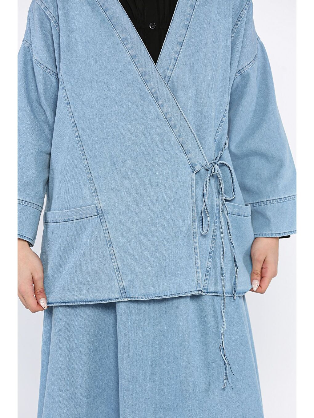 Mavi Yan Bağlamalı Jean Jean Ceket Etek Tesettür İkili Takım-7