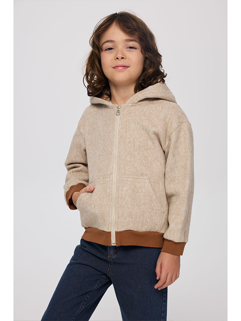 Erkek Çocuk Fermuarlı Bej-Melanj Sweatshirt-1