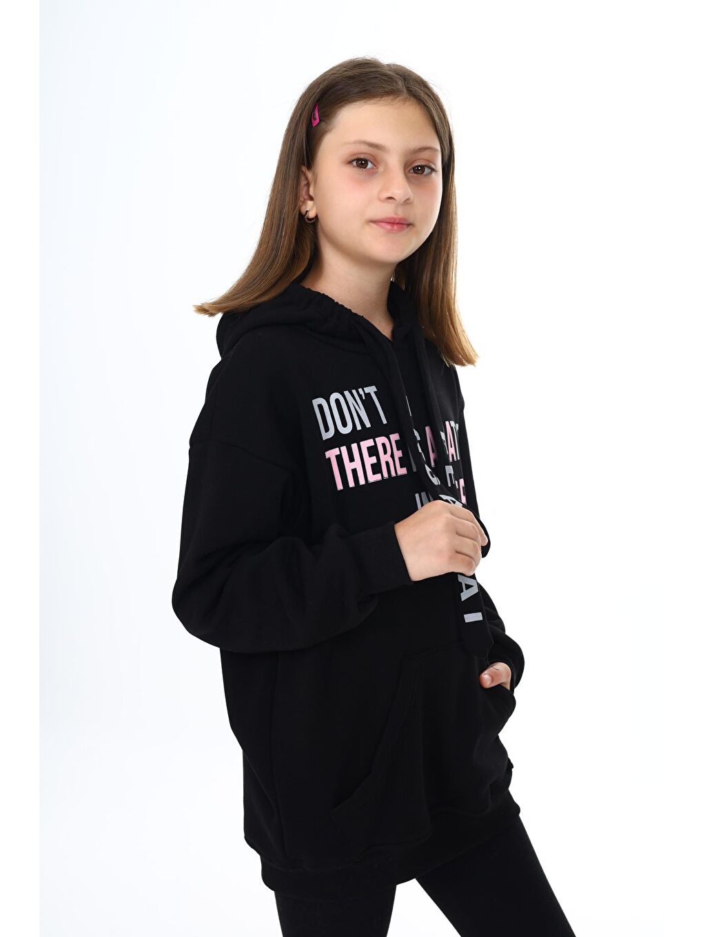 Siyah Yazı Baskılı Polarlı Kız Çocuk Kapüşonlu Sweatshirt 16771-1