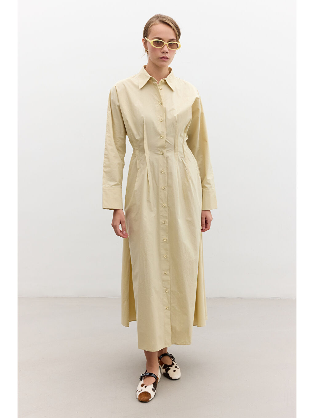 Pile Detaylı Gömlek Elbise Sarı