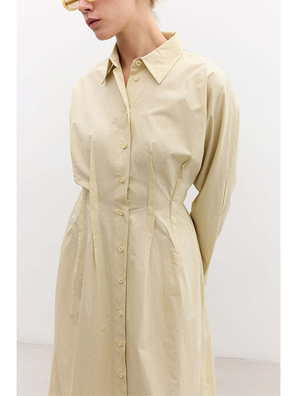 Pile Detaylı Gömlek Elbise Sarı-1