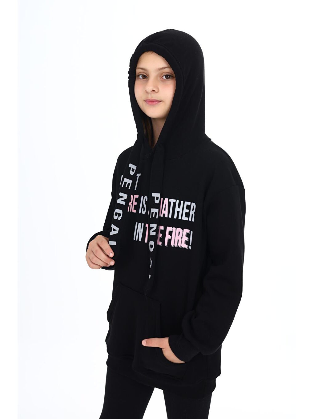 Siyah Yazı Baskılı Polarlı Kız Çocuk Kapüşonlu Sweatshirt 16771-2
