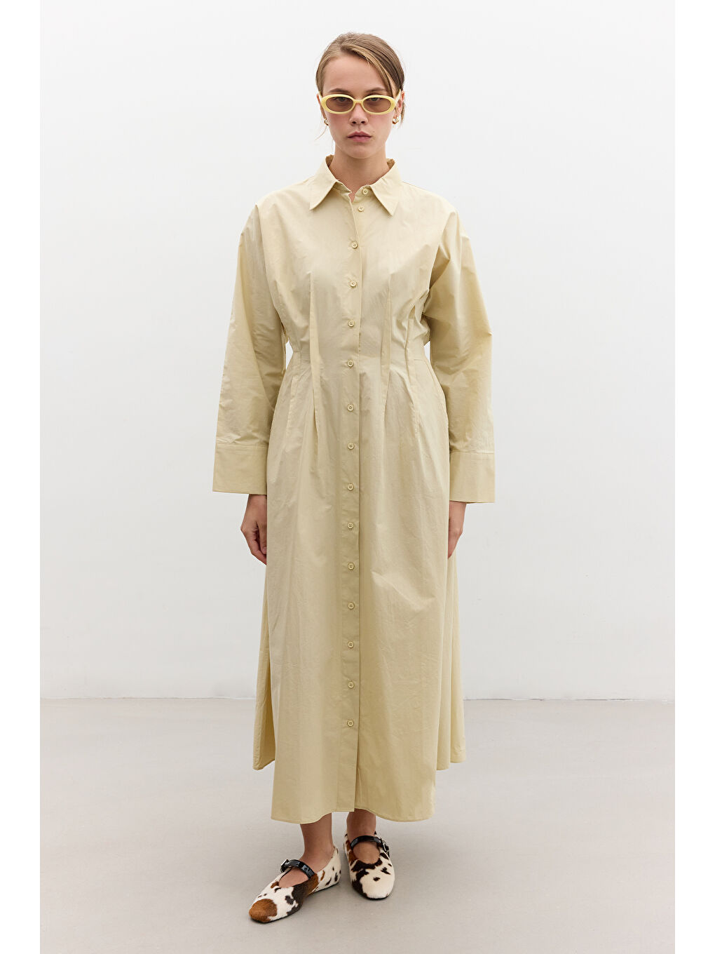 Pile Detaylı Gömlek Elbise Sarı-2
