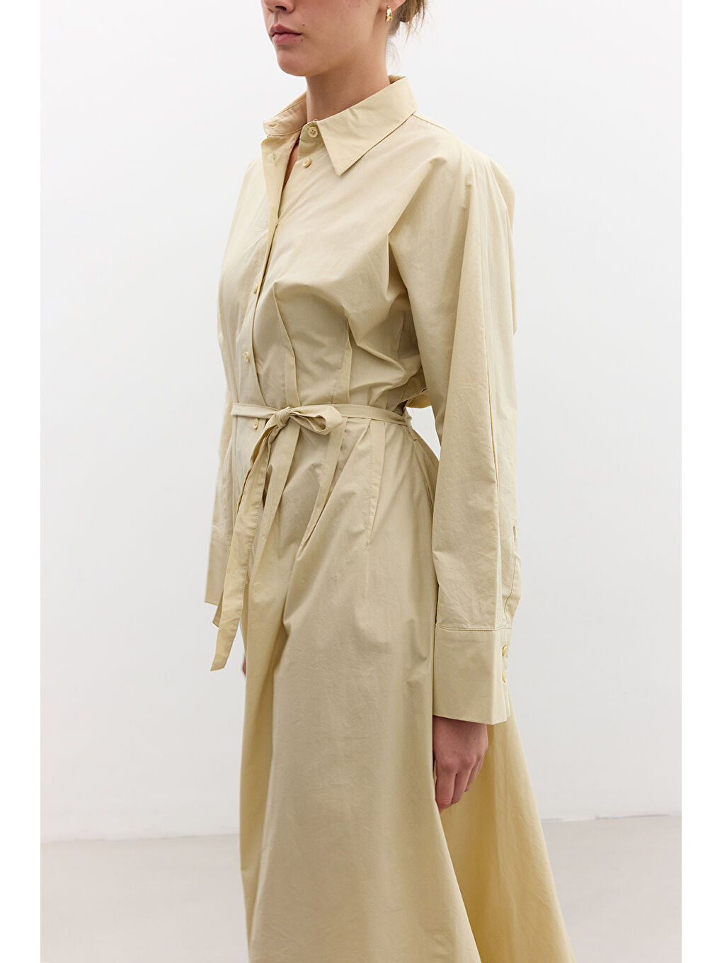 Pile Detaylı Gömlek Elbise Sarı-3